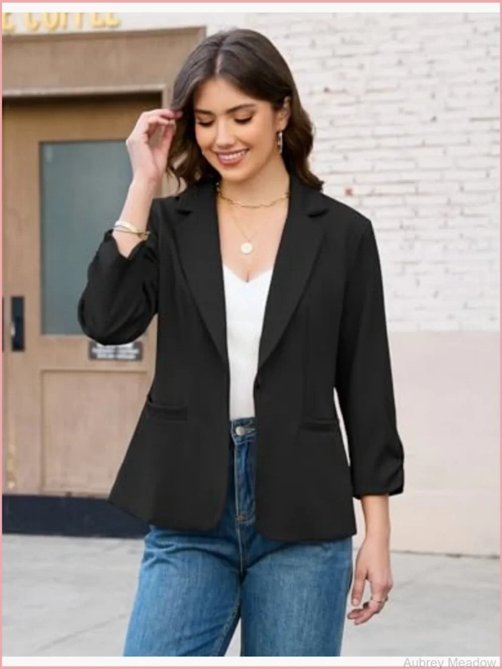 Women's Ruched 3/4 Sleeve Blazer Business Casual Slim Fit Suit Jacket Fully